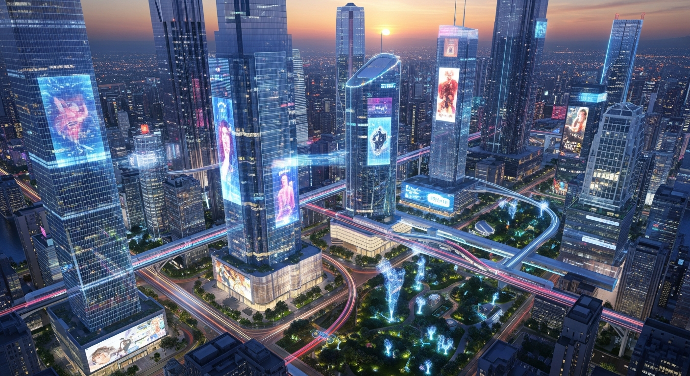 Cinematic aerial shot of a futuristic city at night. Towering neon-lit skyscrapers reflect on rain-soaked streets below. Flying vehicles with glowing trails drift between buildings. Camera slowly pans right with a gentle downward tilt. Volumetric fog, lens flares, cyberpunk color palette of electric blue and magenta.