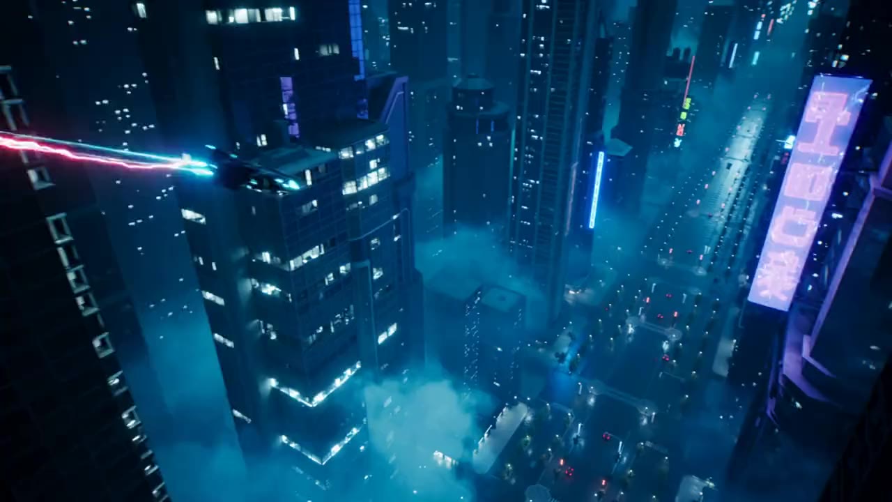 Cinematic aerial shot of a futuristic city at night. Towering neon-lit skyscrapers reflect on rain-soaked streets below. Flying vehicles with glowing trails drift between buildings. Camera slowly pans right with a gentle downward tilt. Volumetric fog, lens flares, cyberpunk color palette of electric blue and magenta.